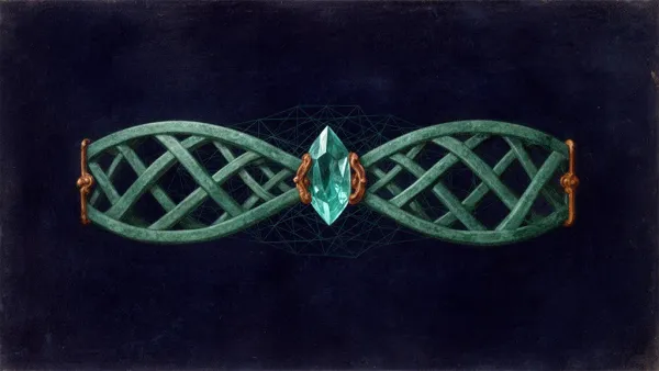 Abstract digital fresco: two interwoven teal lattice bands on deep navy meet at a luminous teal crystal keystone, their outer ends capped by small copper fittings.