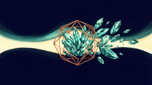 Abstract digital fresco: a copper geometric lattice enclosing a cluster of teal crystals on deep navy, while identical crystals drift free outside it across a pale cream threshold band