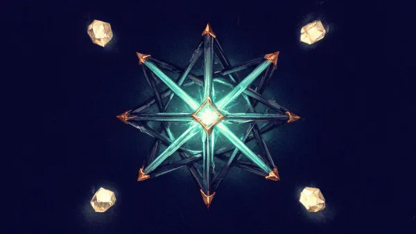 Abstract digital fresco: a deep navy crystalline lattice radiating teal light outward from a copper-tipped core, with four unconnected cream nodes glowing apart in the surrounding field