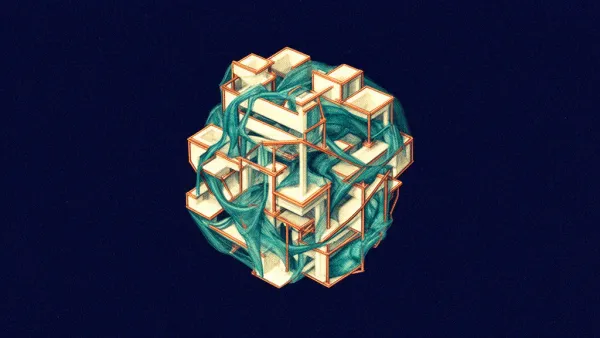 Abstract digital fresco: cream and copper-edged geometric modules interlocked into one centered load-bearing mass, teal membrane binding every seam, on a grainy deep navy field