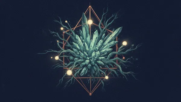 Abstract digital fresco: teal crystalline burst with branching tendrils blooming from the center, bounded by a copper geometric lattice with cream light points, on grained deep navy