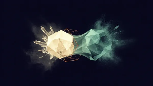 Abstract digital fresco: a cream faceted crystal caged in a thin copper lattice beside its hazy teal duplicate on deep navy, joined by a curved teal membrane amid drifting particulate.