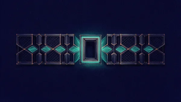 Abstract digital fresco: a symmetric horizontal run of interlocking navy lattice blocks on deep navy, split at center by a recessed teal-rimmed keystone gate, thin copper glints at the joins