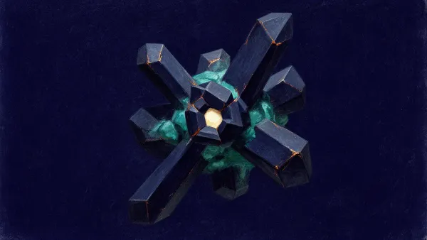 Abstract digital fresco: a navy crystalline module lit by a small cream core, carried by thick uneven faceted members fused into one solid, teal glaze pooling at the joints