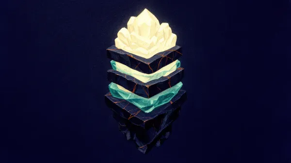 Abstract digital fresco: stacked navy crystalline strata on deep navy, upper layers flooded with cream light, teal membranes between them, thin copper seams, lowest stratum left dark.