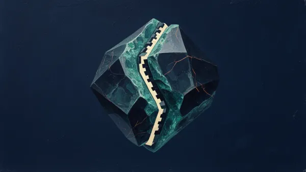 Abstract digital fresco: a navy faceted crystal formed of two equal halves welded along a toothed cream seam, teal mineral glaze in the facets, sparse copper glints, on deep navy