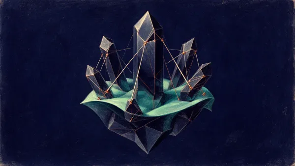 Abstract digital fresco: faceted navy crystals seated in a teal membrane, held by taut straight copper tethers anchored at glinting nodes, on deep navy with wide empty margins