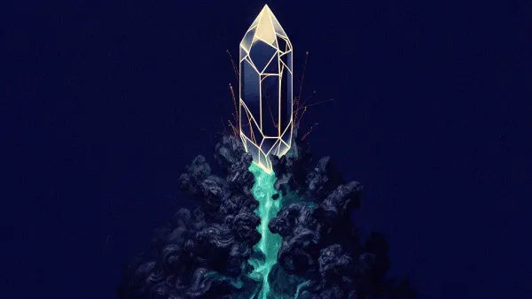 Abstract digital fresco: a smooth cream-lit navy crystal rising intact from a rough dark encrusted mass, a warm teal mineral glaze marking the clean separation plane